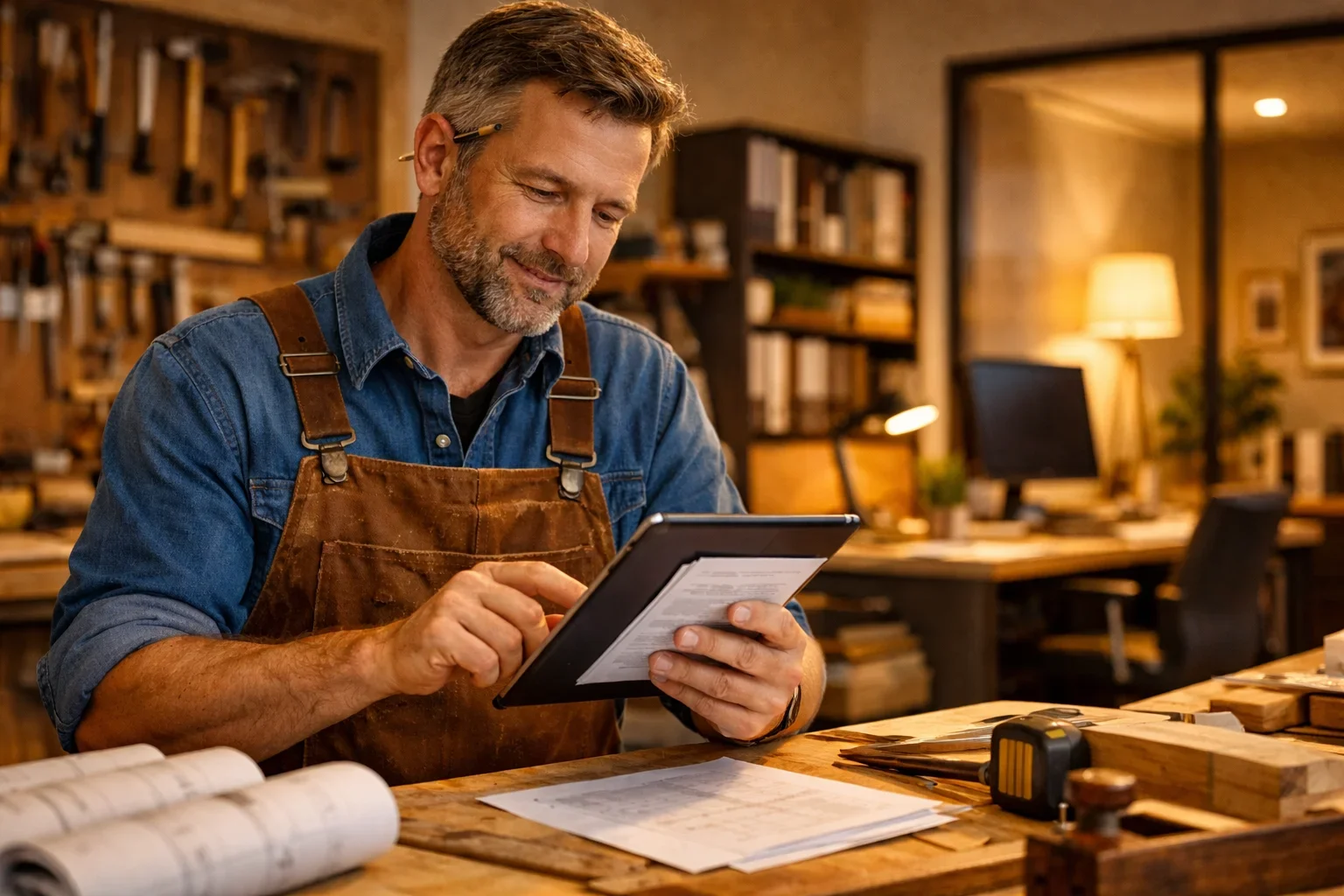 Handwerker nutzt Tablet für digitale Dokumentenverwaltung